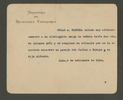 Nota del Ministerio de Relaciones Exteriores a María Mas