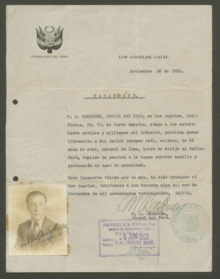 Pasaporte de la Prefectura del Departamento a favor de Carlos Quízpez Asín para viajar a Estados Unidos