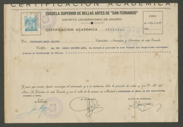 Certificación Académica De la Escuela Superior de Bellas Artes de San Fernando