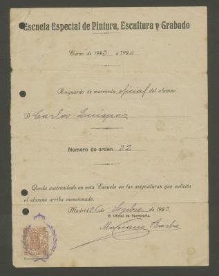 Resguardo de matricula de Carlos Quízpez Asin en la Escuela Especial de Pintura, Escultura y Grabado