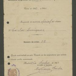 Resguardo de matricula de Carlos Quízpez Asin en la Escuela Especial de Pintura, Escultura y Grabado