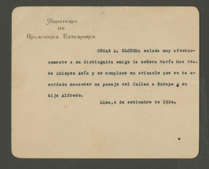 Nota del Ministerio de Relaciones Exteriores a María Mas