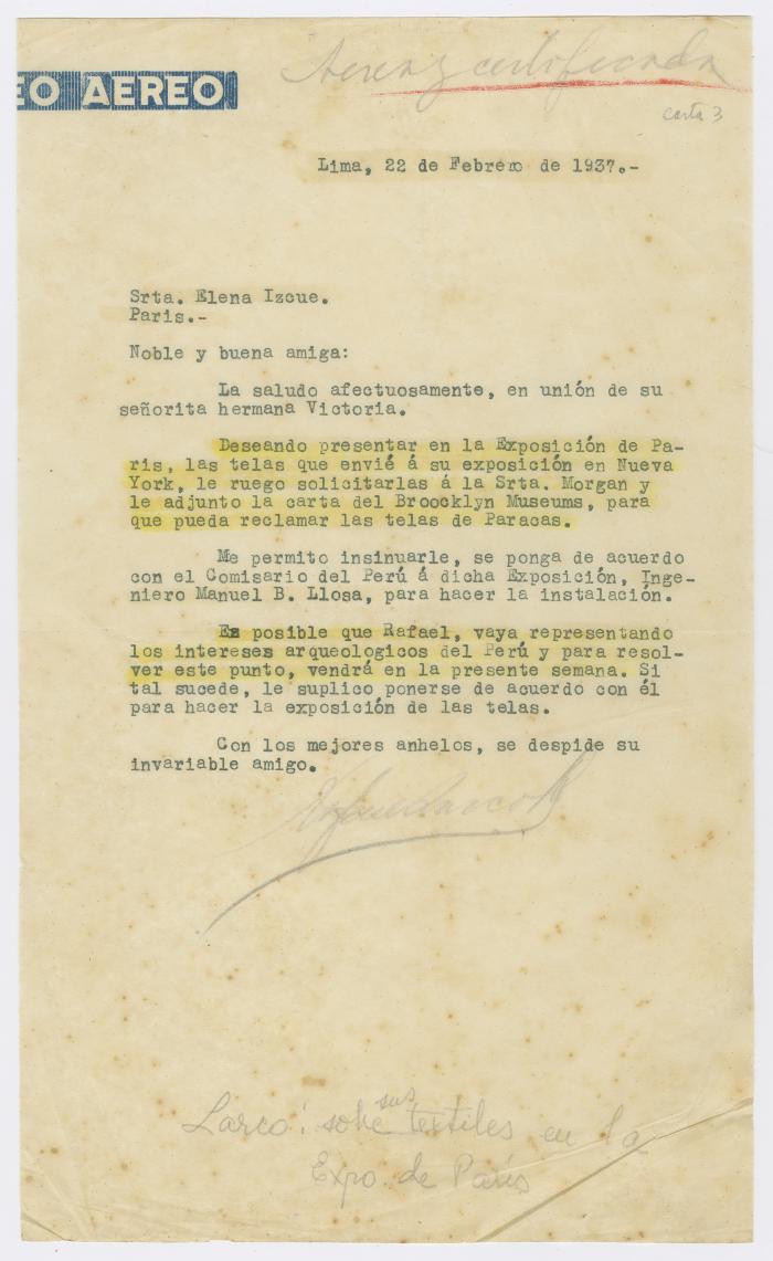 Carta de Rafael Larco Hoyle a Elena Izcue
