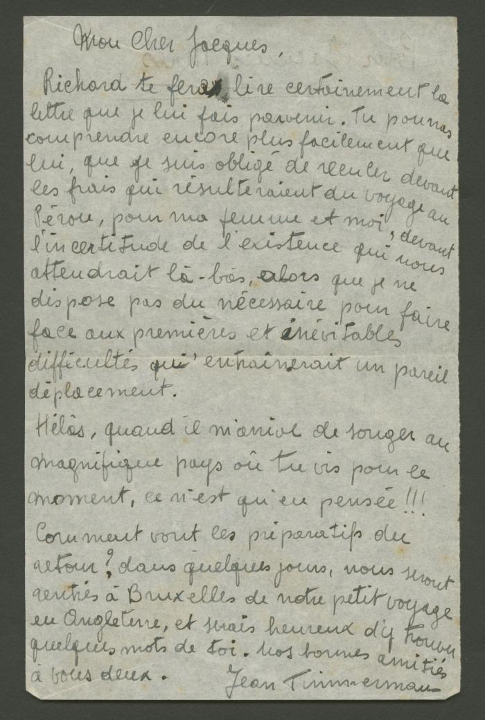 Carta de Jean Timmermans a Ricardo Grau