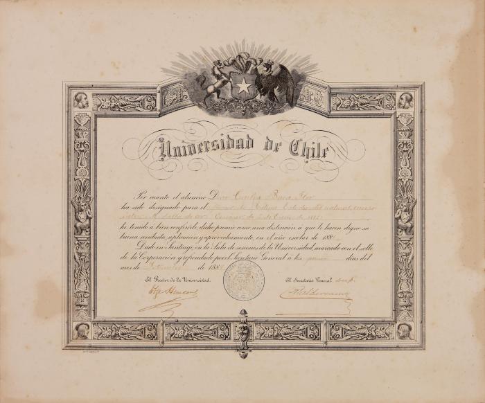 Diploma de la Universidad de Chile, concurso del 4 de enero de 1887