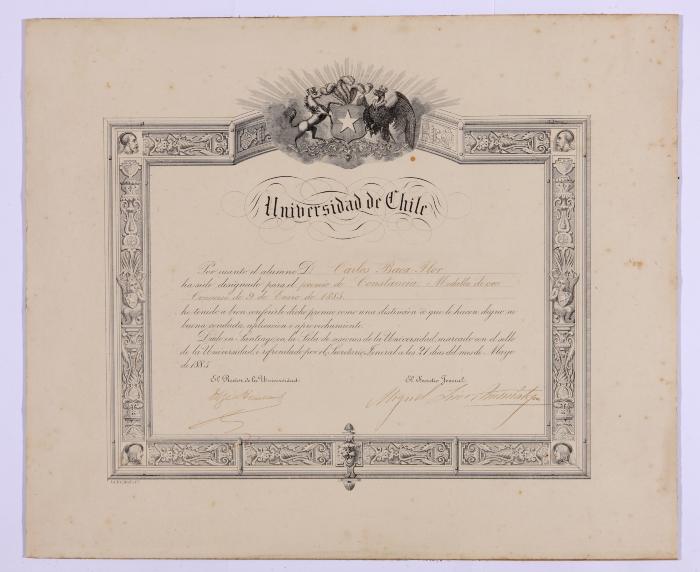 Diploma de la Universidad de Universidad de Chile, concurso del 9 de enero de 1885