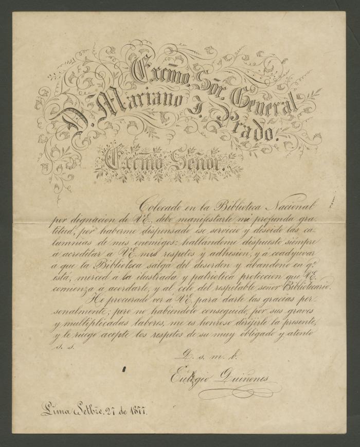 Carta de Eulogio Quiñones a Mariano Prado
