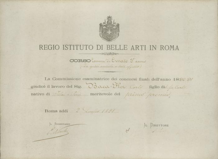 Diploma del Regio Istituto di Belle Arti in Roma