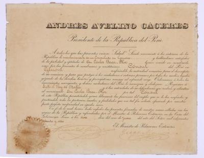 Diploma de Andrés Avelino Cáceres