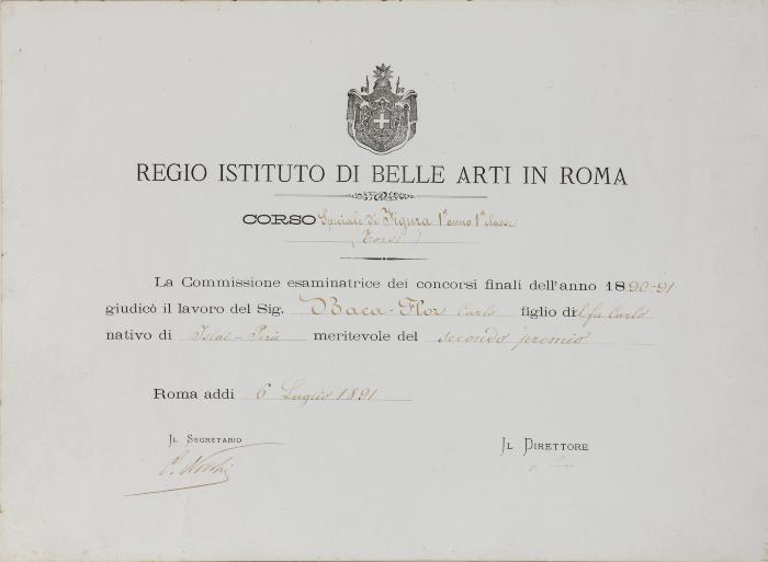 Diploma del Regio Istituto di Belle Arti in Roma