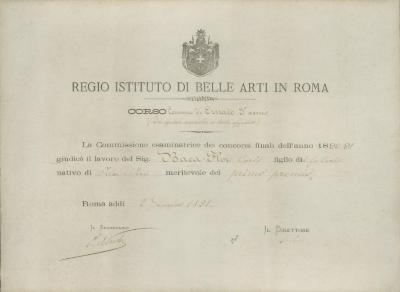 Diploma del Regio Istituto di Belle Arti in Roma