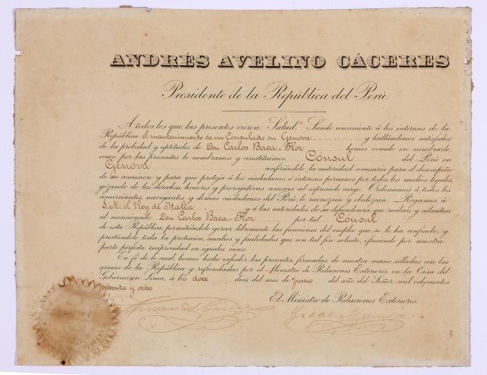 Diploma de Andrés Avelino Cáceres