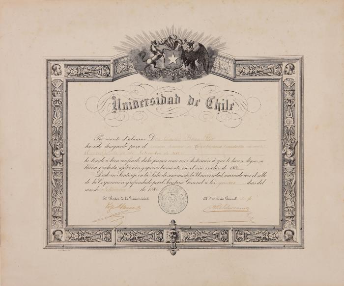 Diploma de la Universidad de Chile, concurso del 14 de setiembre de 1886 (primer premio de Constancia)