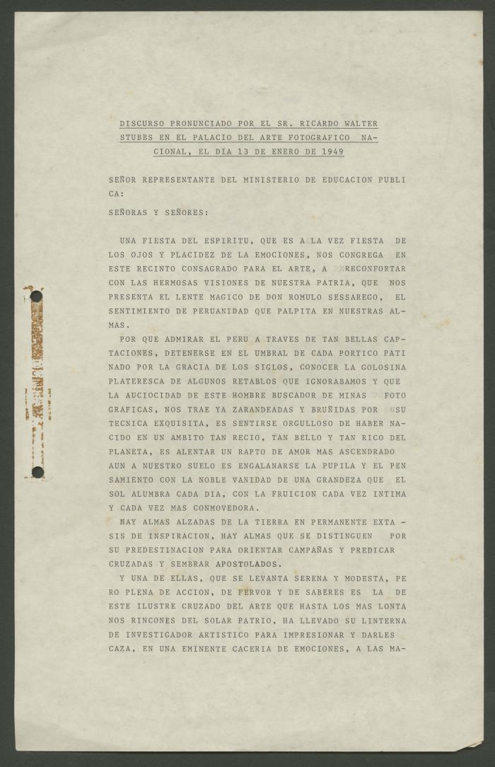 Discurso de Ricardo Walter Stubbs en el Palacio de Arte Fotografico Nacional