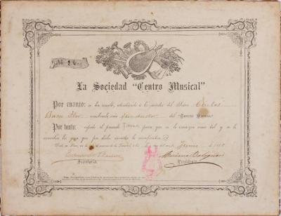 Diploma de Socio Fundador de la Sociedad Centro Musical