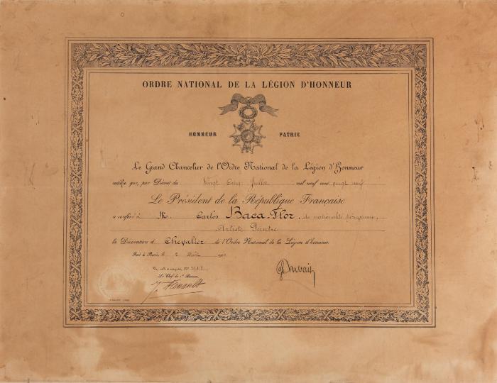 Diploma de la Orden Nacional de la Legión de Honor, en  grado de Caballero