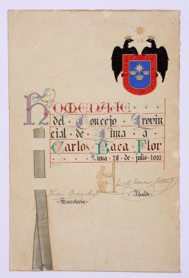 Diploma de homenaje otorgada por el Consejo Provincial de Lima