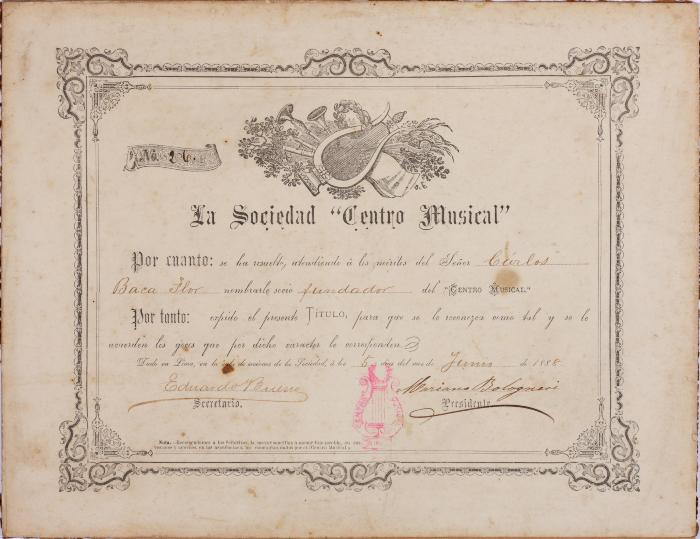 Diploma de Socio Fundador de la Sociedad Centro Musical