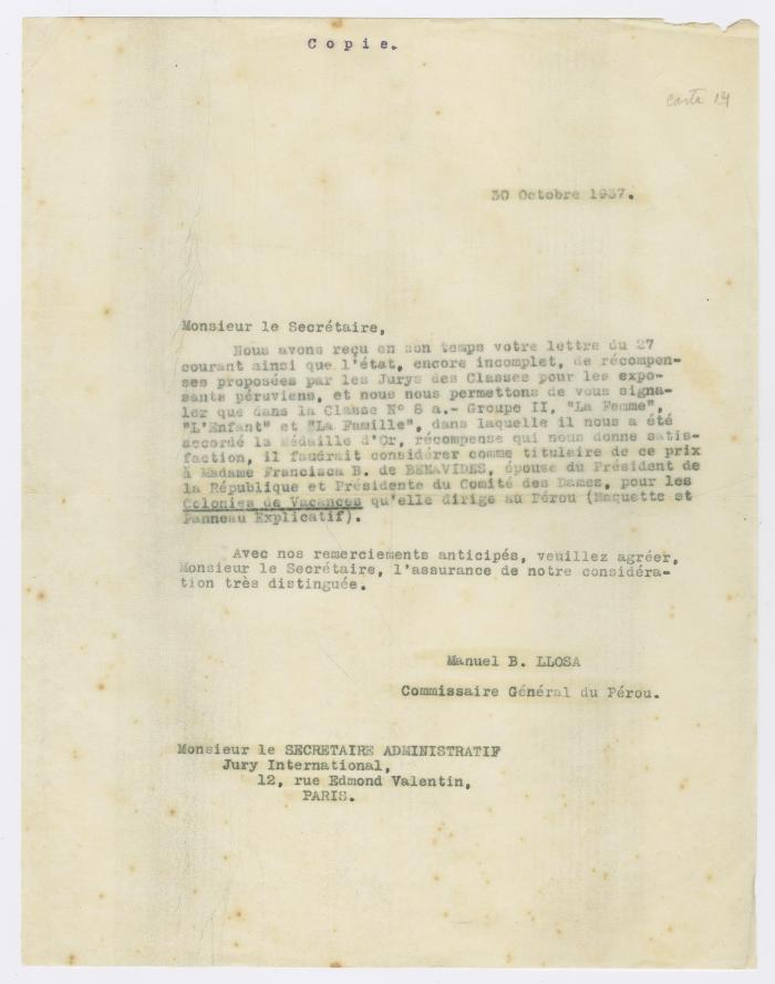 Copia de carta de Manuel B. Llosa al secretario del Jurado Internacional de París