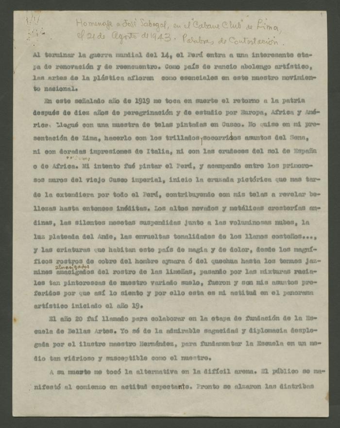 "Homenaje a José Sabogal, en el Cabane Club de Lima...palabras de contestación"