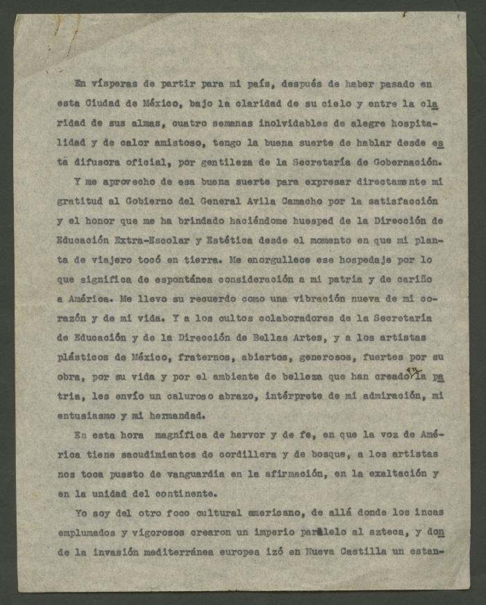 Discurso de despedida en México a vísperas de su regreso al Perú