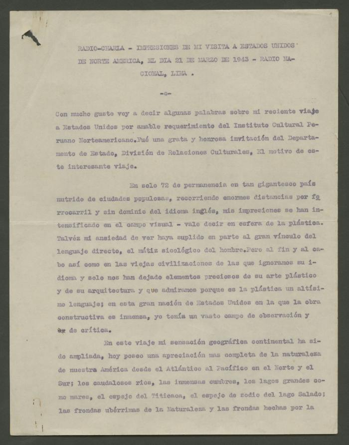 "Radio-charla- Impresiones de mi visita a Estados Unidos de Norte America, el dia 21 de marzo de 1943..."