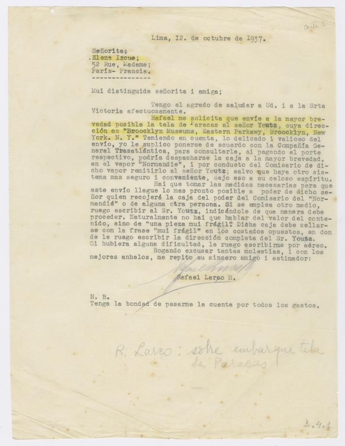 Carta de Rafael Larco Herrera a Elena Izcue 