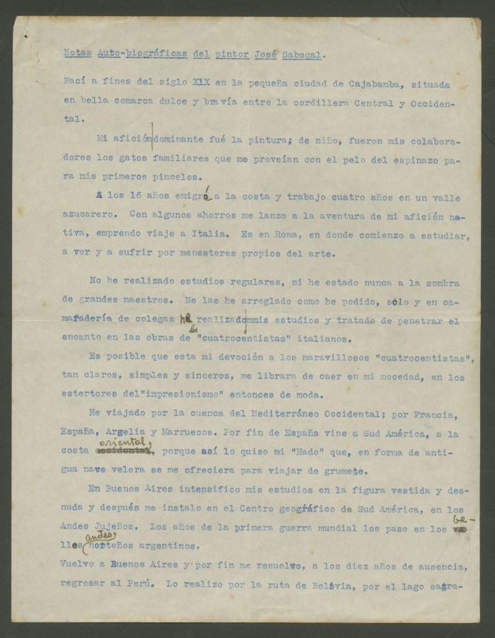 "Notas Auto-biográficas del pintor José Sabogal"
