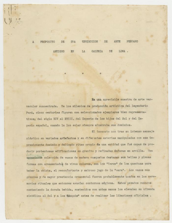 "A propósito de una exhibición de arte Peruano antiguo en la Galería de Lima"