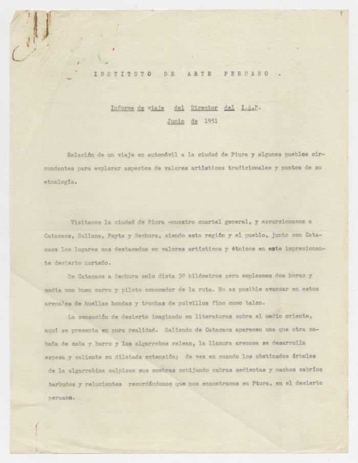 "Informe de viaje del Director del I.A.P. Junio  de 1951"