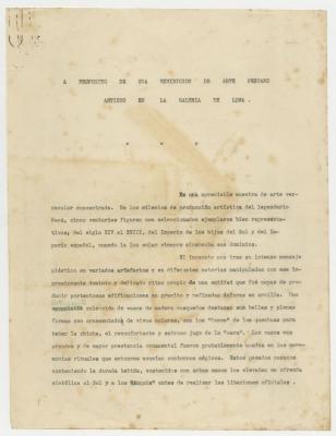 "A propósito de una exhibición de arte Peruano antiguo en la Galería de Lima"
