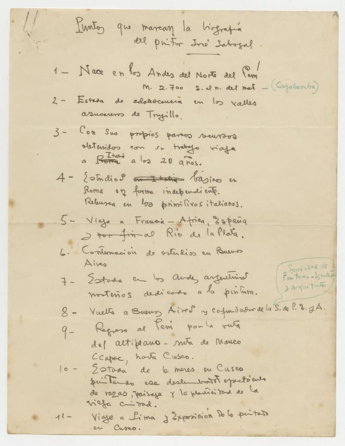"Puntos que marcan la biografía del pintor José Sabogal"