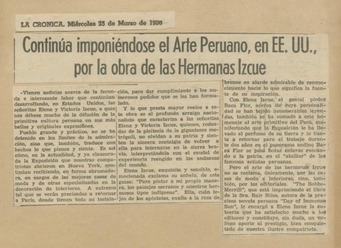 "Continúa imponiéndose el arte peruano, en EE.UU, por la obra de las hermanas Izcue"