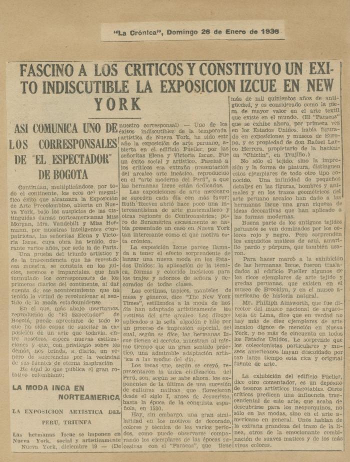 "Fascinó a los críticos y constituyó un éxito indiscutible la exposición Izcue en New York"