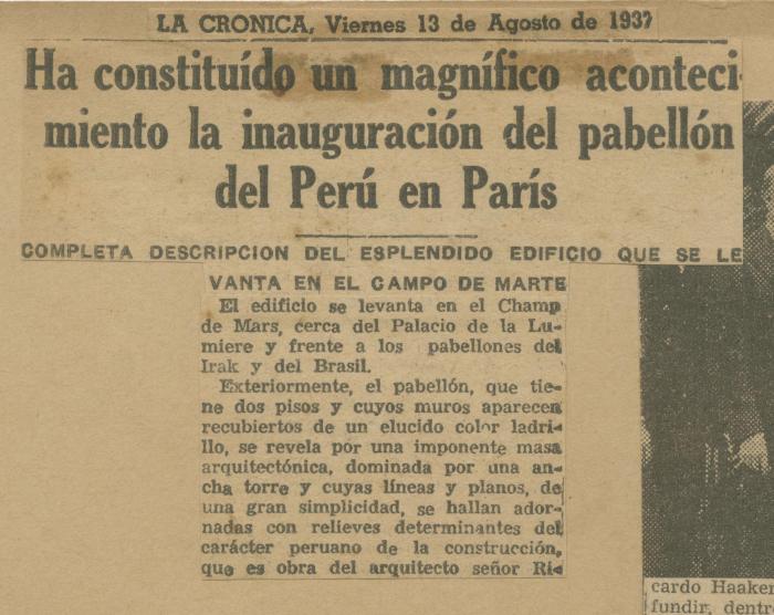 "Ha constituido un magnífico acontecimiento Ia nauguración del pabellón Perú en París"