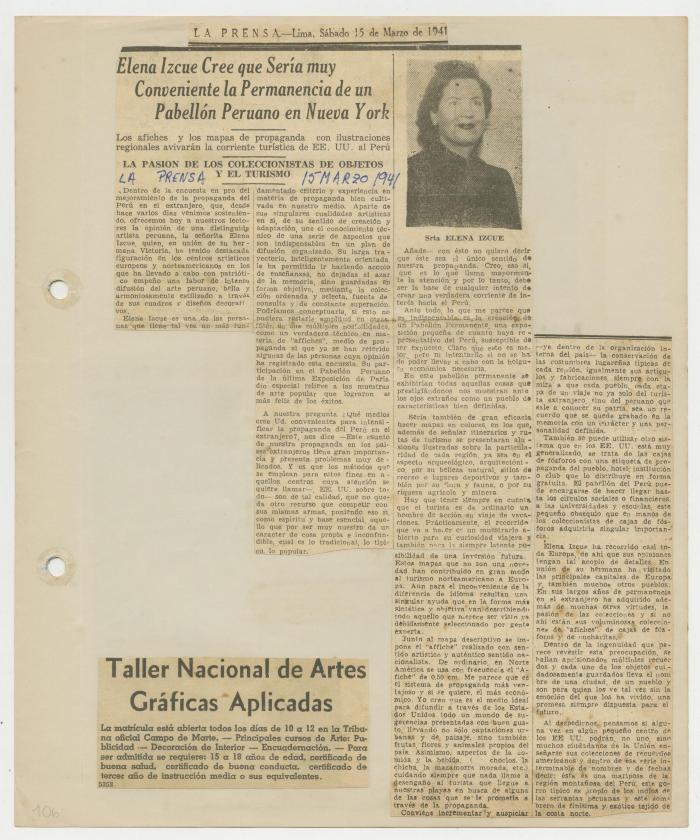 "Elena Izcue cree que sería muy conveniente la permanencia de un Pabellón Peruano en Nueva York"