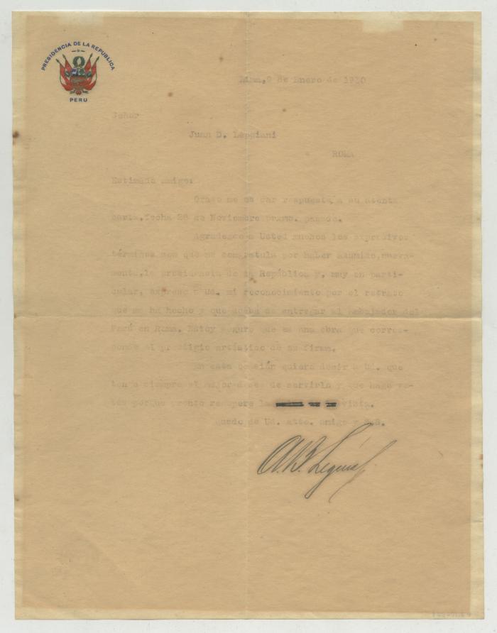 Carta del presidente Leguía a Juan Lepiani