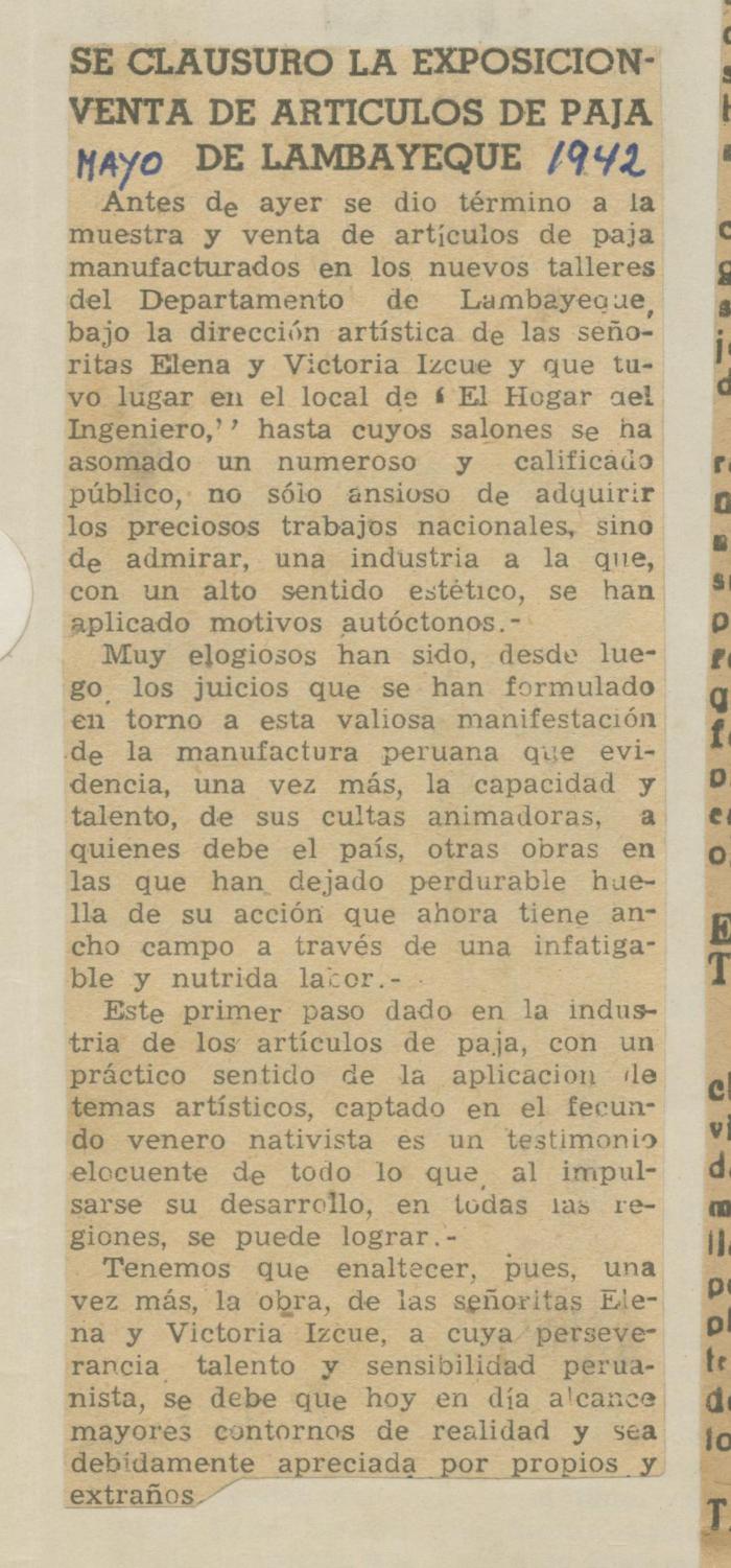 "Se clausuró la exposición venta de artículos de paja de Lambayeque"