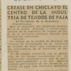 "Créase en Chiclayo el Centro de la Industria de Tejidos de Paja"