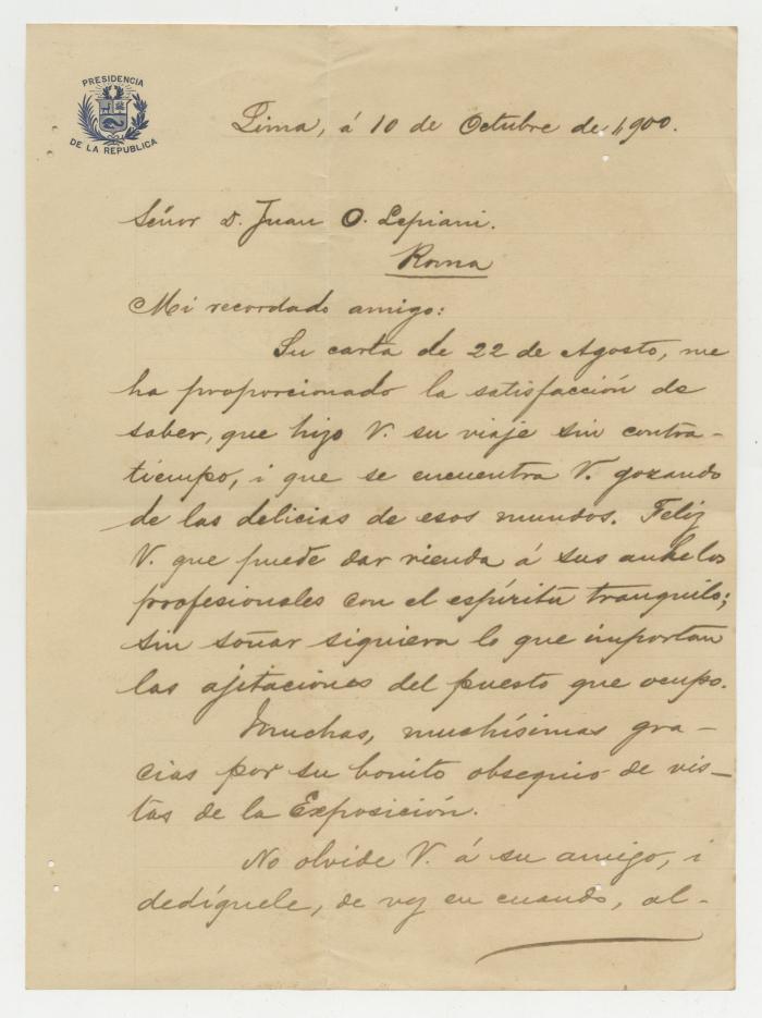 Carta del presidente Eduardo López de Romaña a Juan Lepiani