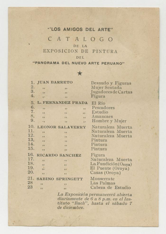 "Los amigos del arte" Catálogo de la exposición de pintura del "Panorama del nuevo arte peruano"
