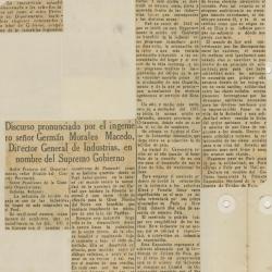"Discurso pronunciado por el ingeniero señor Germán Morales Macedo, Director General de Industrias, en nombre del Supremo Gobierno"