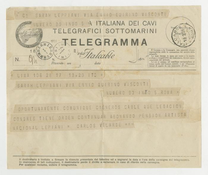 Telegrama de Sarah Leppiani a Carlos Velarde