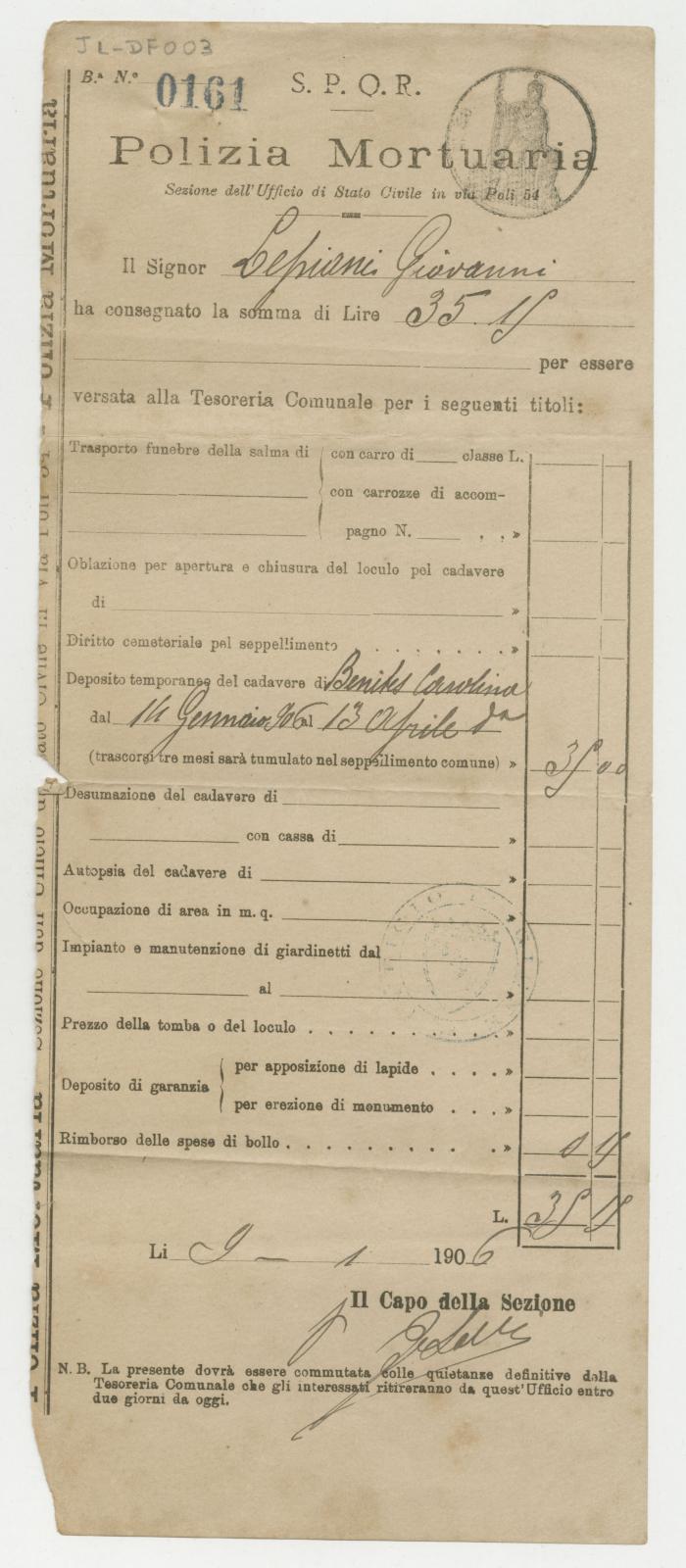 "N° 0161 Polizia Mortuaria"