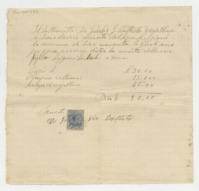 Comprobante de pago por gastos del sepelio de Sara Lepiani