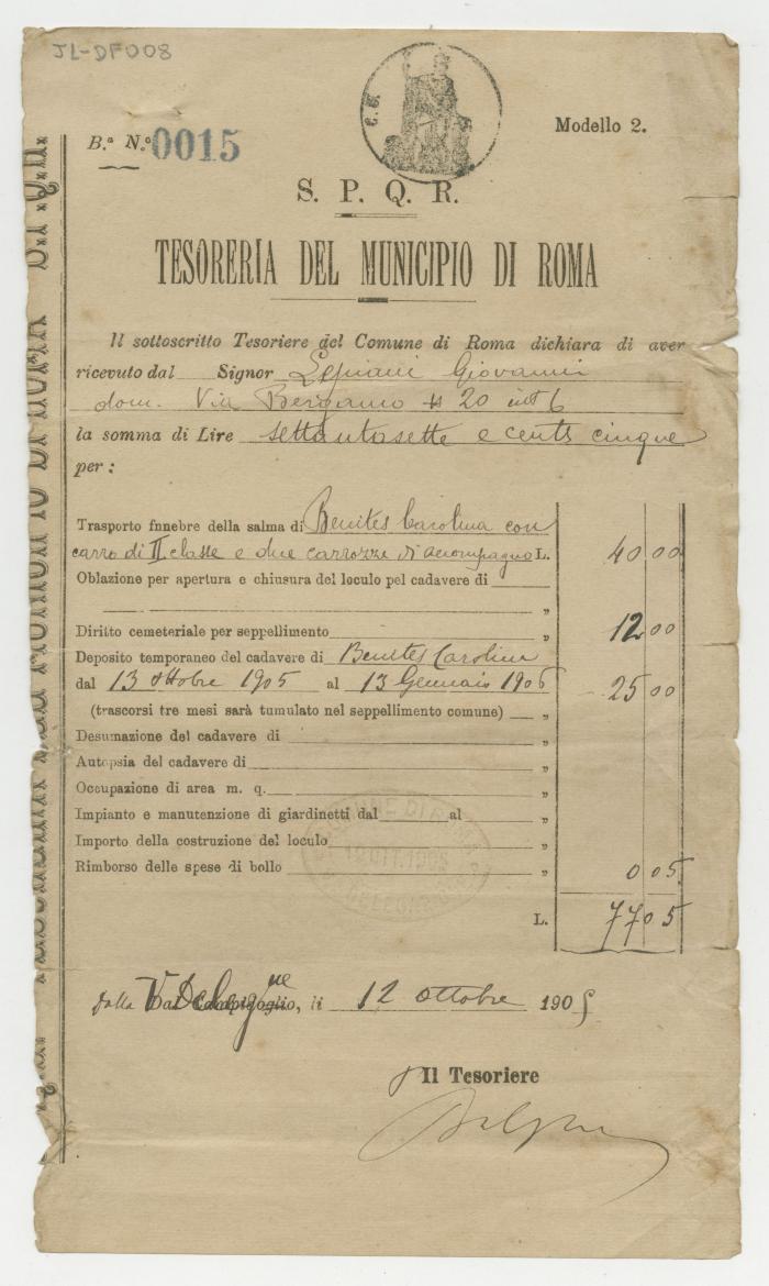 "N° 0015 Tesoreria del Municipio di Roma"