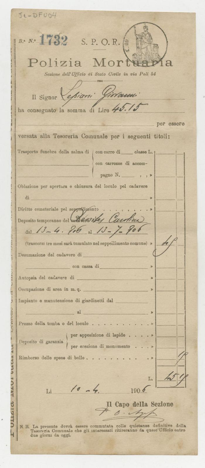 "N° 1732 Polizia Mortuaria"