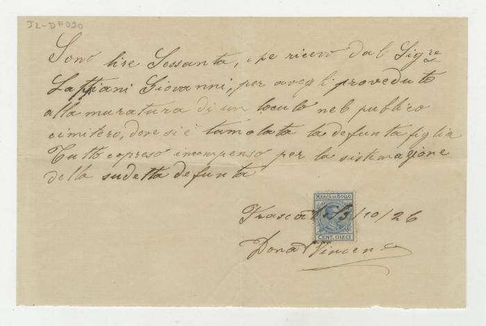 Comprobante de pago por trabajo de albañilería en el cementerio