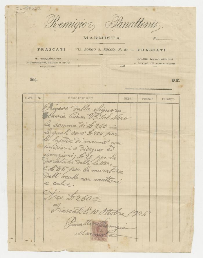 Comprobante de pago por trabajo de lápida en mármol