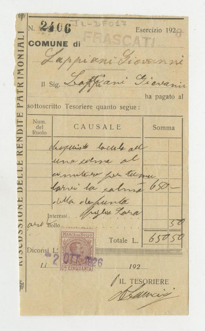 Comprobante de pago por el lóculo de Sara Lepiani